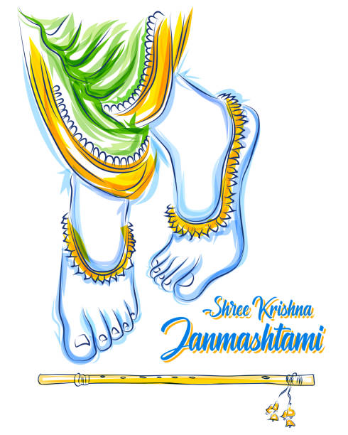 Lord Krishna in Happy Janmashtami festival background of India illustration of feet of Lord Krishna in Happy Janmashtami festival background of India mahabharata stock illustrations