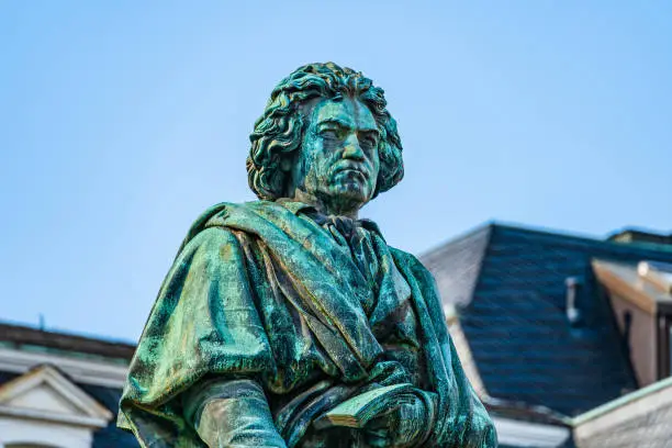 Beethoven Monument by Ernst Julius Hähnel, large bronze statue of Ludwig van Beethoven unveiled in 1845 on the 75th composer's birth aniversary on Münsterplatz in Bonn, North Rhine Westphalia, Germany
