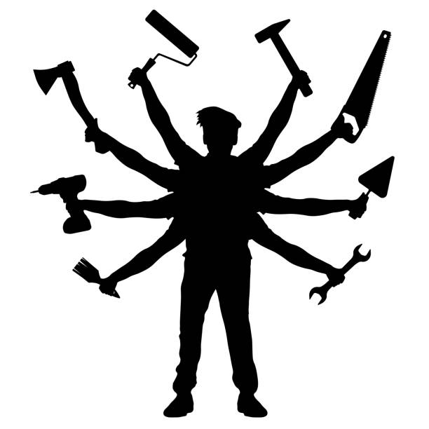 ilustrações de stock, clip art, desenhos animados e ícones de handyman services silhouette. construction worker. man with many hands holding construction tools - mechanic cartoon construction work tool