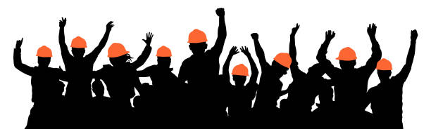 ilustrações de stock, clip art, desenhos animados e ícones de construction workers strike. protest of crowd of builders. silhouette vector - construction worker silhouette people construction