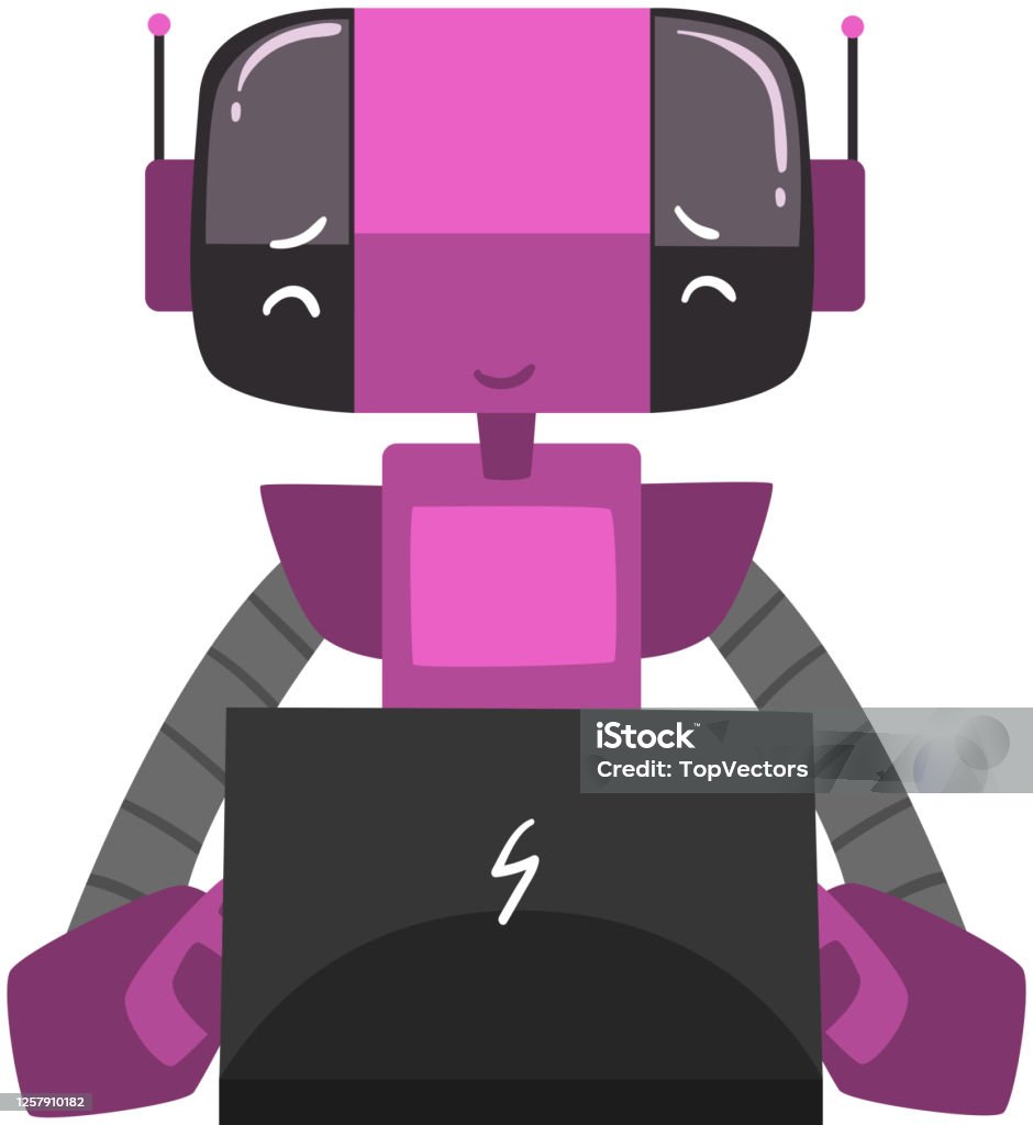 Friendly Computer Robot Friendly Robot Sitting In Front Of Computer Cute Android Working With ...
