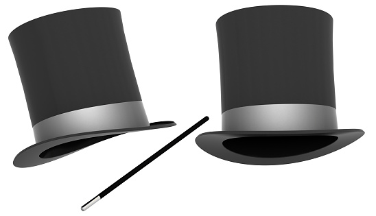Black Top hats with wand. Digitally Generated Image isolated on white background