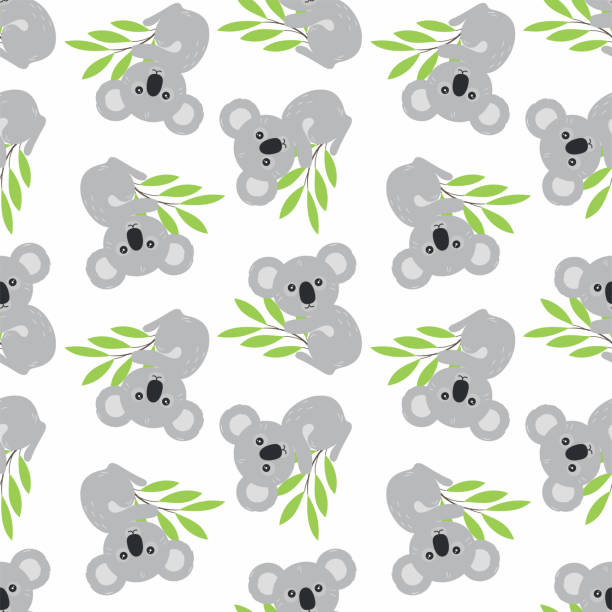 illustrations, cliparts, dessins animés et icônes de motif sans couture avec koalas et feuilles d’eucalyptus - koala