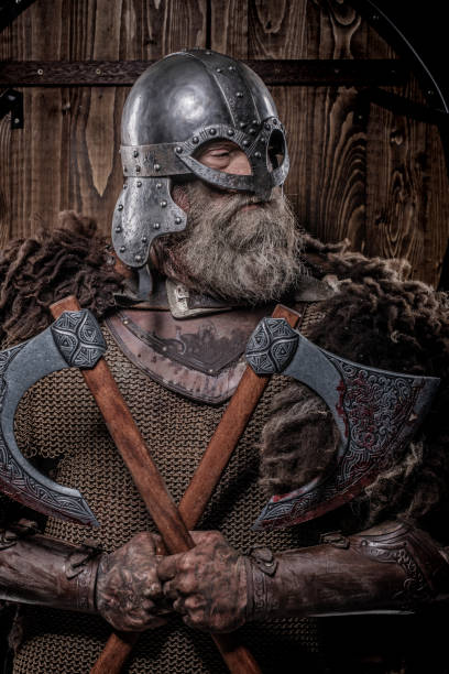 istock Weapon wielding bloody senior viking warrior in studio shot 1257913003