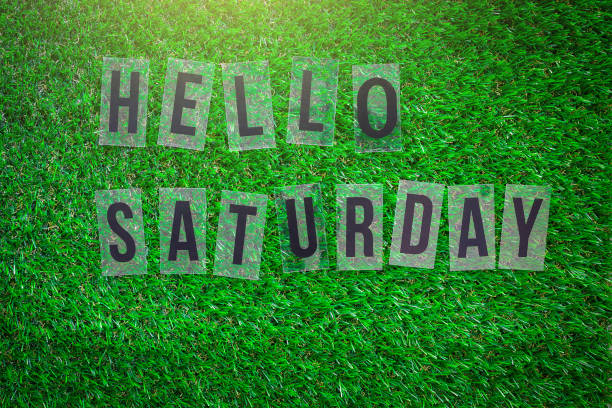 istock Word HELLO SATURDAY on green grass ground. 1257914293
