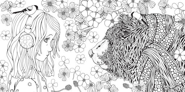 ilustrações de stock, clip art, desenhos animados e ícones de cute little girl with headphones and bear in knitted scarf. coloring book page for adult and children. black and white. - baby animals audio