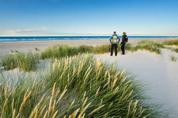 Photo of Man and Woman with Backpack hiking in beautiful windy coastal dune marram grass towards beach of North Sea in soft evening sunset sunlight. Skagen Nordstrand, Denmark. Skagerrak, Kattegat.