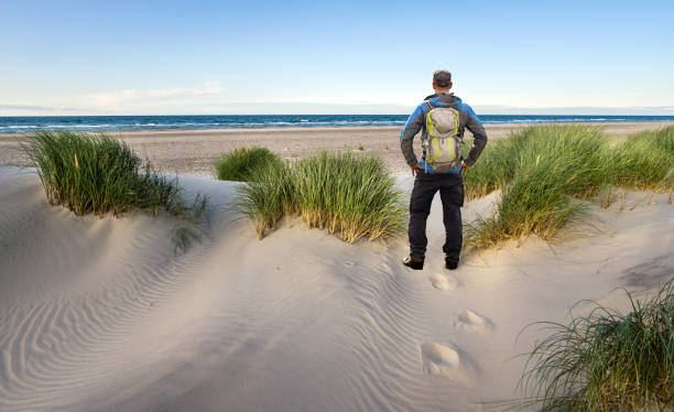 아름다운 바람이 부는 해안 모래 언덕에서 배낭 하이킹을하는 남자는 부드러운 저녁 일몰 햇빛에 북해의 해변을 향해. 스카겐 노르드스트랜드, 덴마크. 스카게라크, 카테가트. - men footprint beach sunset 뉴스 사진 이미지
