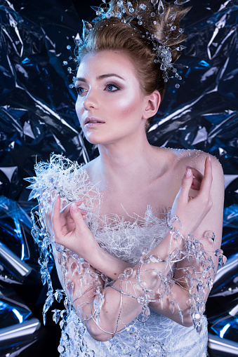 A beautiful young girl in a Snow Queen costume. Model in winter decorations, ice cold, snow concept