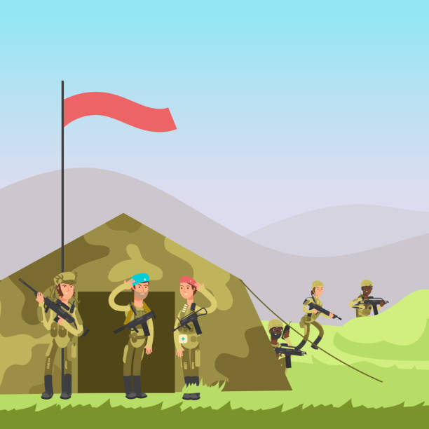 Military vector illustration. Cartoon soldiers, tent and landscape Military soldiers training vector illustration. Cartoon soldiers, tent on landscape barracks stock illustrations