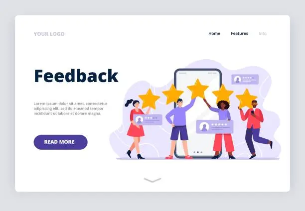 Vector illustration of Five stars mobile app feedback. A multiethnic group of people evaluating app, product, service. Landing page template with user experience feedback concept.