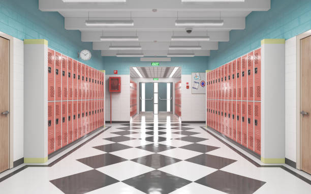 istock Long school corridor with red lockers , 3d illustration 1257921184
