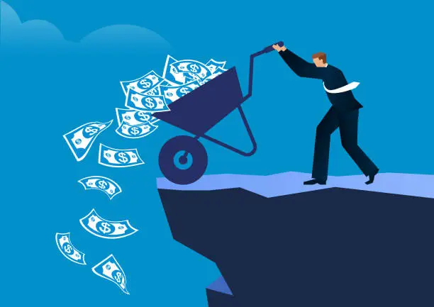 Vector illustration of Businessman uses a wheelbarrow to pour stacks of money banknotes into the cliff