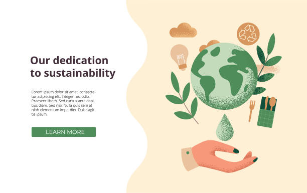 Illustration of the concept of sustainability, corporate social responsibility or environmental protection Slide or landing page layout with illustration of the concept of sustainability, environmental protection, corporate social responsibility. environmental issues illustrations stock illustrations