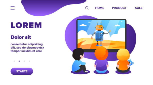 Children watching cartoon with robot Children watching cartoon with robot. TV, screen, toy flat vector illustration. Childhood and digital technology concept for banner, website design or landing web page kids watching tv stock illustrations
