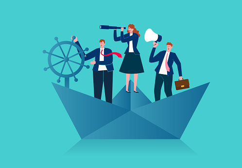 Business team standing on a paper boat sailing in the ocean and looking for business opportunities, business team and leadership concept illustration