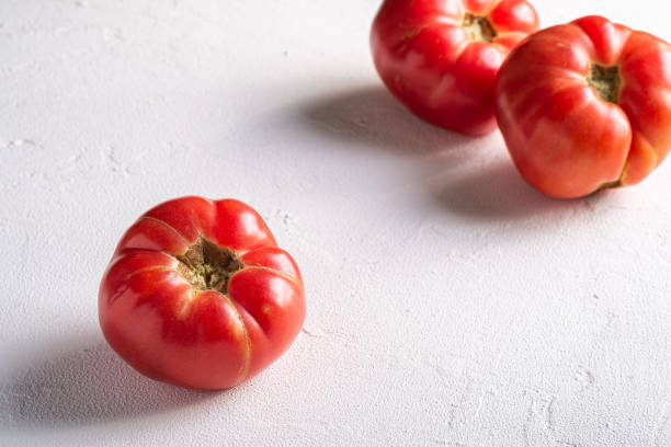 tres verduras de tomate de reliquia rosa, tomates rojos maduros frescos, comida vegana, fondo de hormigón de piedra blanca, enfoque selectivo de vista angular - tomato beefsteak tomato heirloom tomato pink fotografías e imágenes de stock