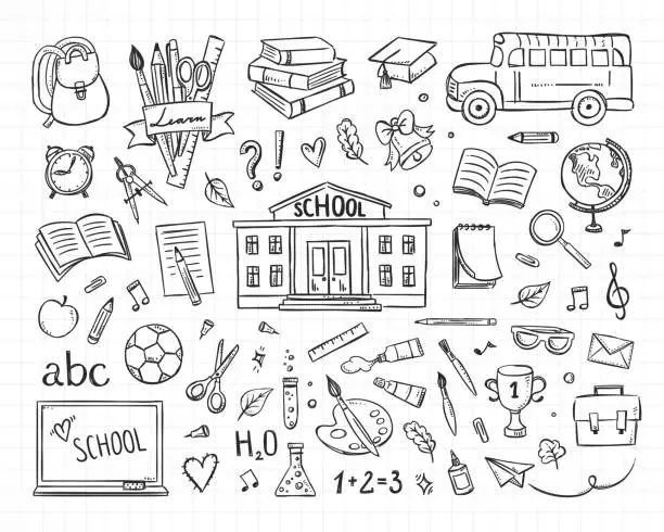 Vector illustration of School vector set. Hand drawn studying collection. Doodle back to school sketch illustrations