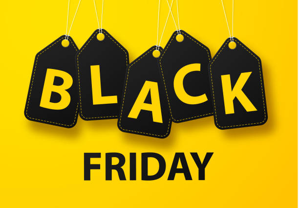 istock Black friday sale banner design layout on a yellow background, stylized letters in black. Vector set of decorative labels. 1257927413