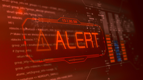 computer screen with programming code and an alert message, concept of computer security, malware or hacker attack (3d render)
