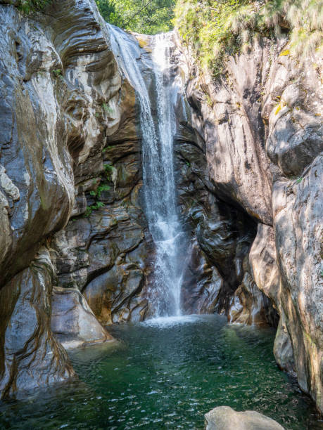 bella cascata nelle alpi svizzere, valle maggia - waterfall falling water maggia valley switzerland foto e immagini stock