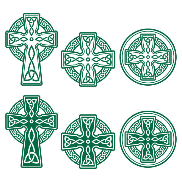 illustrazioni stock, clip art, cartoni animati e icone di tendenza di celtic irish cross vector retro design ambientato in verde - celebrazione del giorno di san patrizio in irlanda - cross border