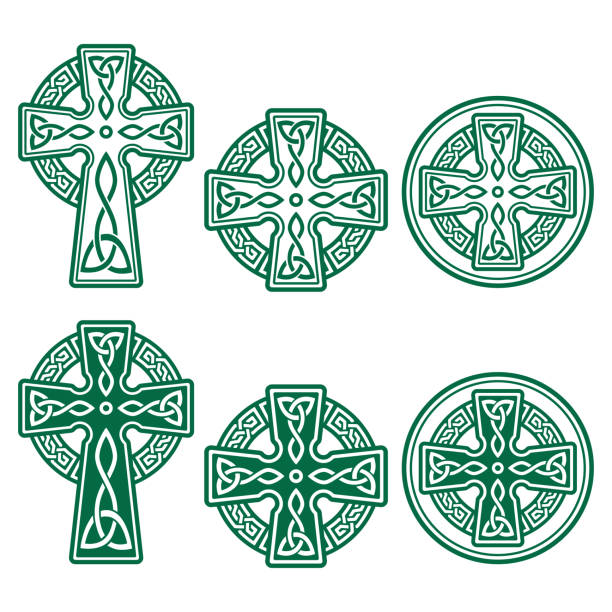 ilustrações de stock, clip art, desenhos animados e ícones de celtic irish cross vector retro design set in green - st patrick's day celebration in ireland - celtic culture tied knot decoration pattern