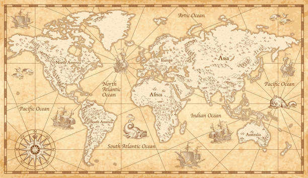 wysoka szczegółowa, mapa starego świata z elementami dekoracyjnymi - mapy vintage stock illustrations