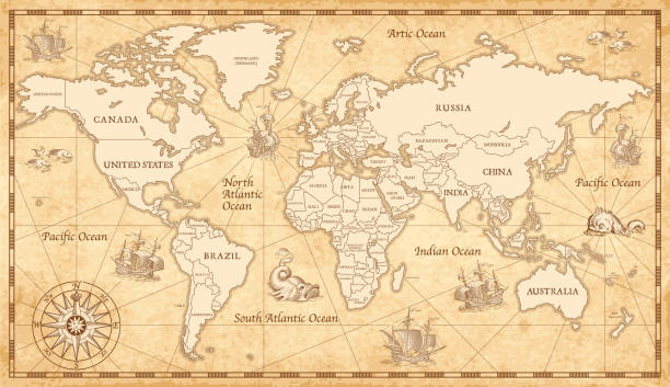 High detailed, Old world map with decorative elements High detailed, Old world map with decorative elements cartographer stock illustrations