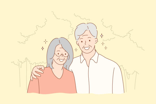 пара, отношения, объятия, концепция любви - aging process morning outdoors horizontal stock illustrations