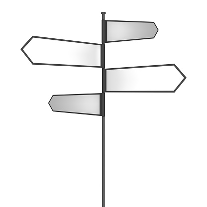 Signpost with four multidirectional white blank arrows. Realistic vector illustration