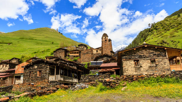 old mountain village dartlo, tusheti region, georgia. houses built from shale stones, ancient masonry. caucasus mountains - tusheti imagens e fotografias de stock