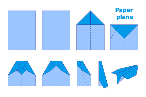 Vector cartoon origami diagram illustration of paper plane on white background. Vector cartoon origami diagram illustration of paper plane on white background. Back to school origami instructions stock illustrations