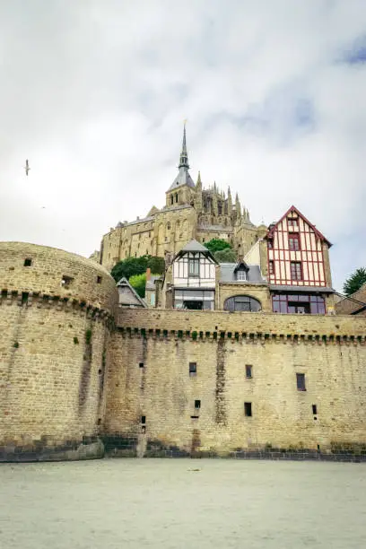 External shot of the Mont Saint Michel Abbey and town from the causeway.