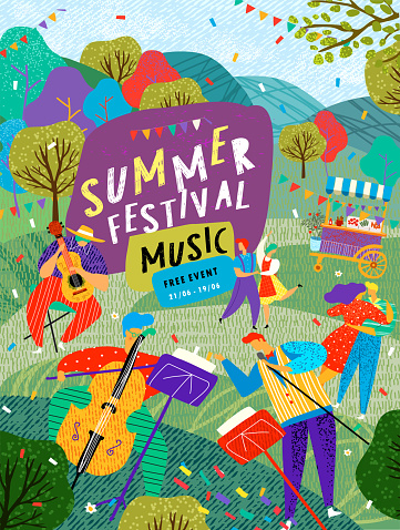 Musical summer dance festival. Vector illustration of musicians, dancers, disco, dancing people and dj in the street for poster, flyer or background.