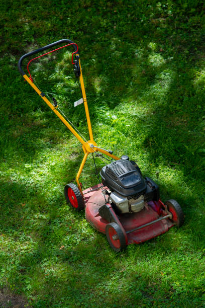 istock Red old lawn mower in the garden. 1257937754