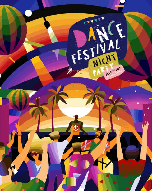 Vector illustration of Musical summer dance festival. Vector illustration of musicians, dancers, disco, dancing people and dj in the street for poster, flyer or background.
