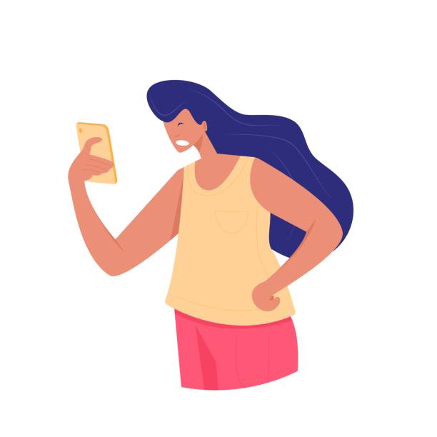 ilustrações de stock, clip art, desenhos animados e ícones de irritated young woman looks at screen of phone - stripped shirt