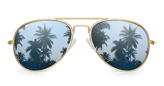 palm tree reflection in aviator sunglasses isolated on white background. With clipping path