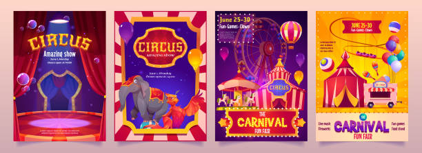 ilustraciones, imágenes clip art, dibujos animados e iconos de stock de banderas del espectáculo de circo, grandes volantes de carnaval de tiendas de campaña - rollercoaster carnival amusement park carousel