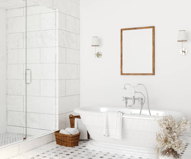 istock Poster mockup in white cozy bathroom interior background 1257942031