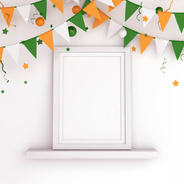 istock Happy Independence Day of India decoration background, Bunting flags, empty frame mockup, confetti on white, copy space text, greeting card, banner, template, flyer, star and ribbon, 3D illustration. 1257942199