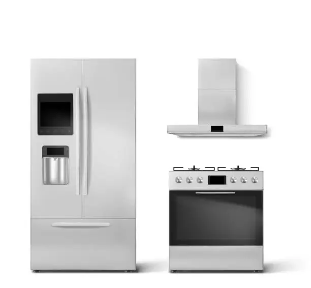 Vector illustration of Smart fridge, gas oven and hood kitchen appliances