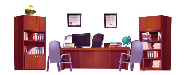 Office interior of school principal or guidance Principals office in school for meeting and talking with teachers, pupils and parents. Vector cartoon set of furniture, table, chairs and bookcase for cabinet of guidance, counselor or headmaster school principal stock illustrations