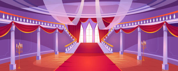 Hall interior with staircase in medieval castle Hall interior with staircase in medieval royal castle. Vector cartoon illustration of empty hallway in baroque palace with stairs, balustrade, columns, tall windows, red curtains and carpet ballroom stock illustrations