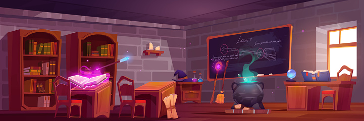 Magic school, classroom interior with wooden desks for pupils and teacher, blackboard with chalk writings. Cauldron with potion, witch hat, spell book, wizard wand, broom. Cartoon vector illustration