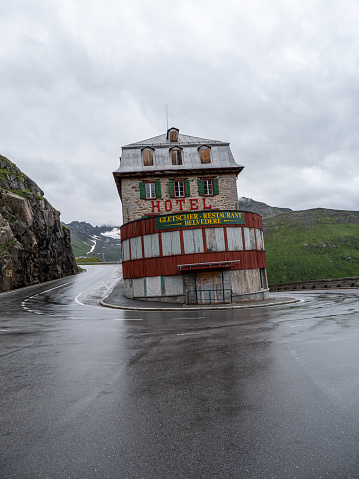 08/12/2019 Furka Pass in Valais canton/ Switzerland; Abandoned hotel on Furka pass, Switzerland