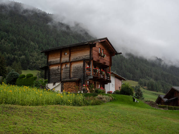 farmhouses in autumn landscape in valley of Bernese Oberland Switzerland with changing colors of the trees
