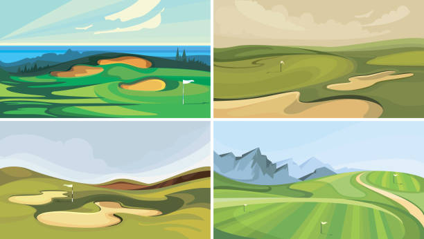 ilustraciones, imágenes clip art, dibujos animados e iconos de stock de conjunto de campos de golf. - golf course