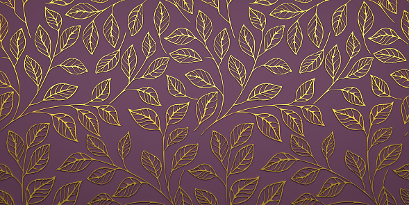 Modern gold lattice and leaf background against purple. Abstract backgrounds and art concepts. Easy to crop for all print and social media sizes. Copy space.